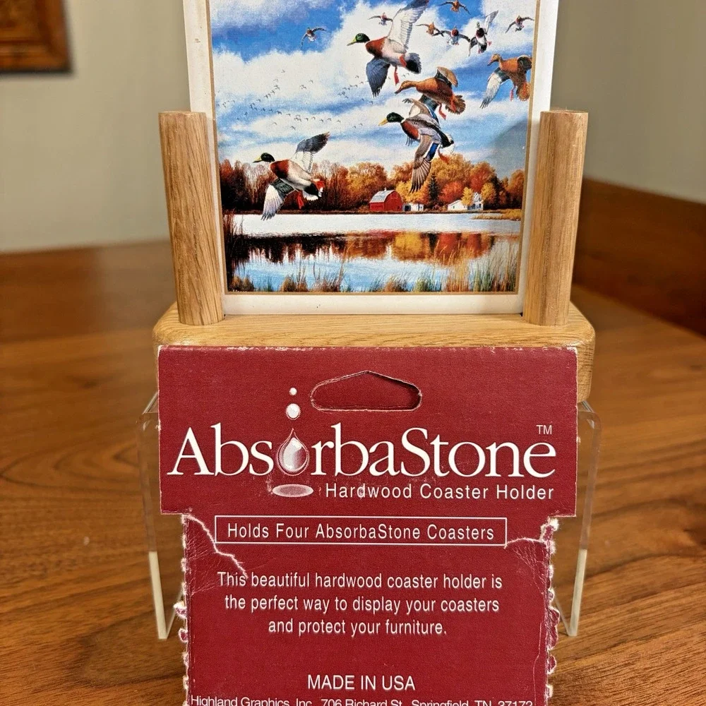 AbsorbaStone Duck Coasters Cork Back Thirsty with Wooden Oak Holder EUC
